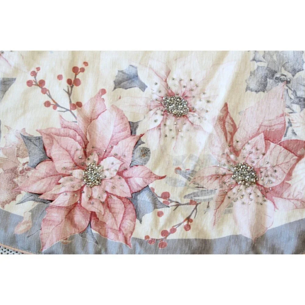 Rachel Zoe Christmas Tree Skirt Poinsettia Floral print Rhinestone 50